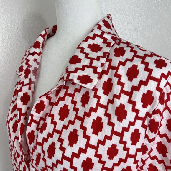 Shade & Shore Button Down Shirt Women Large Red White Graphic Short Sleeve Top - Picture 9 of 13